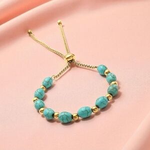 Adjustable 18k Gold Plated Sterling Silver Turquoise and Gold Beaded Bracelet
